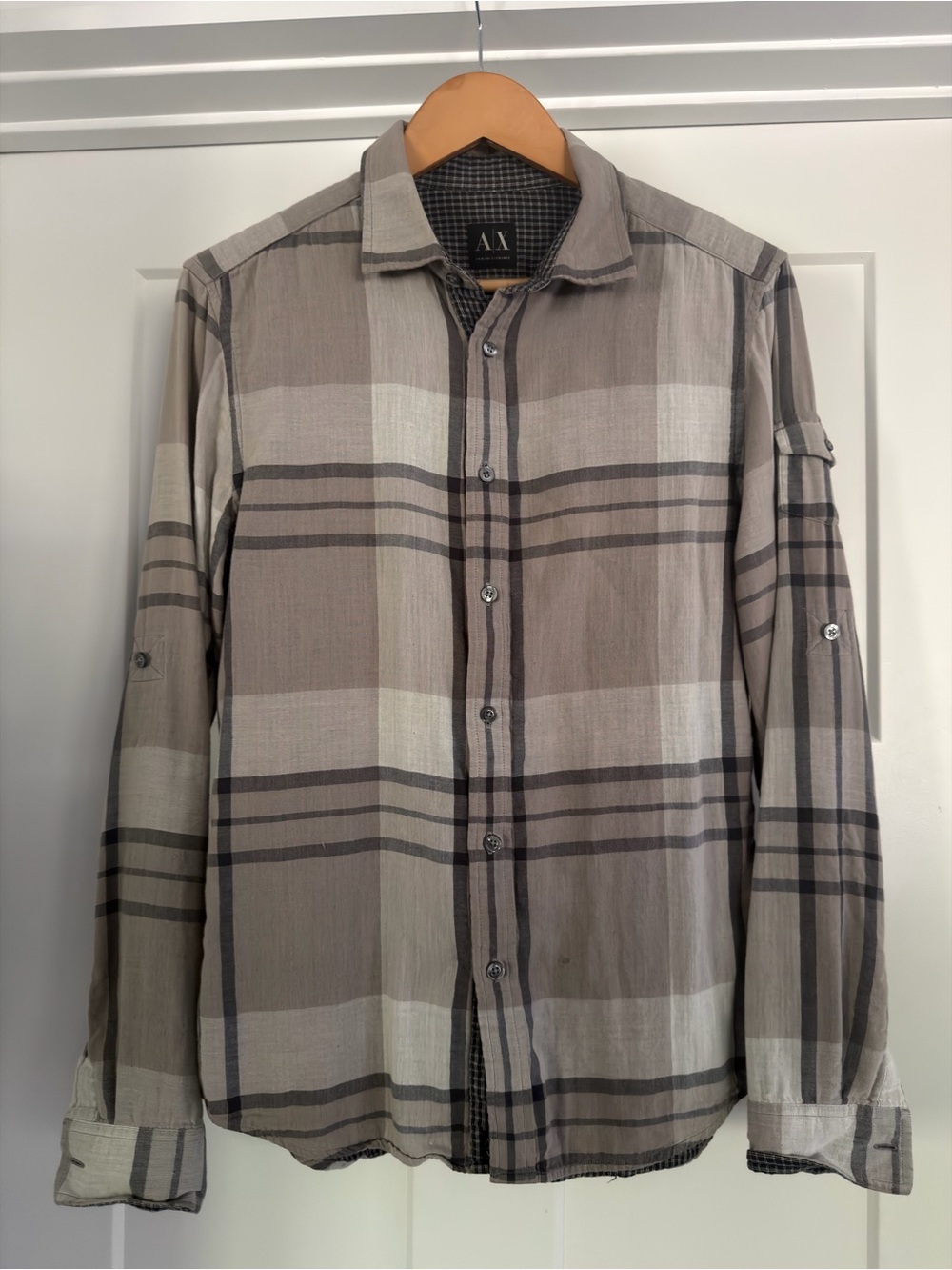 Armani Exchange Men's Beige and Gray Plaid Button-Down Shirt